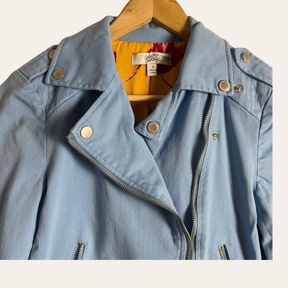 Color Me Courtney Dennis Blue Canvas Crop Biker Moto Jacket Size 4 - Picture 8 of 16